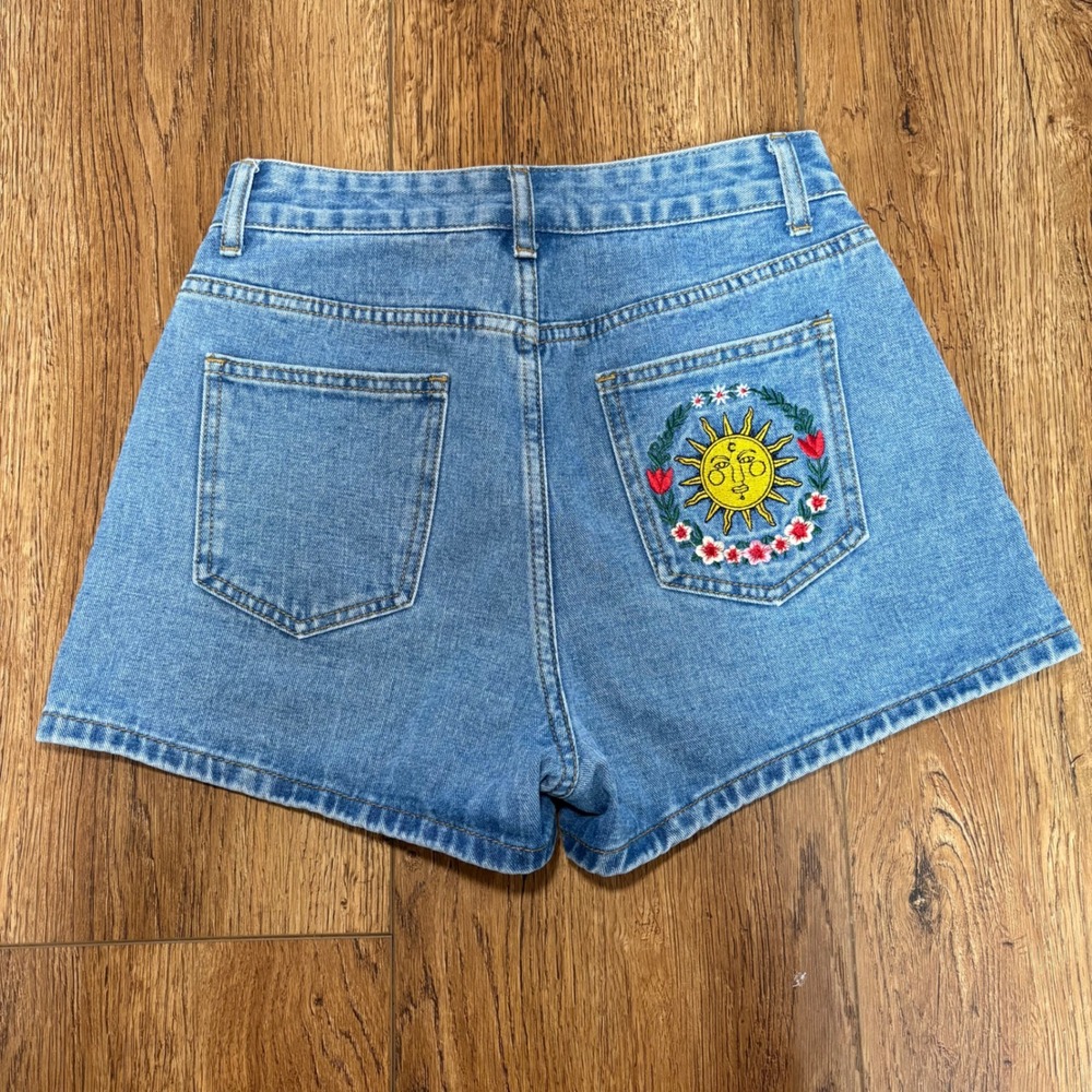 Romwe Fairycore Sun Embroidery‎ Denim Jean Shorts Festival Womens 4 Small Boho